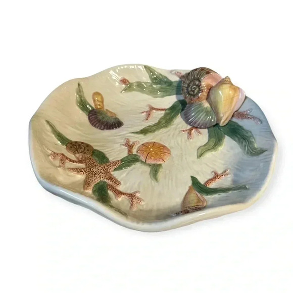 Vintage Coastal Ceramic Seaweed & Coral Design Set Seashell Dish & Tissue Holder - Picture 4 of 17